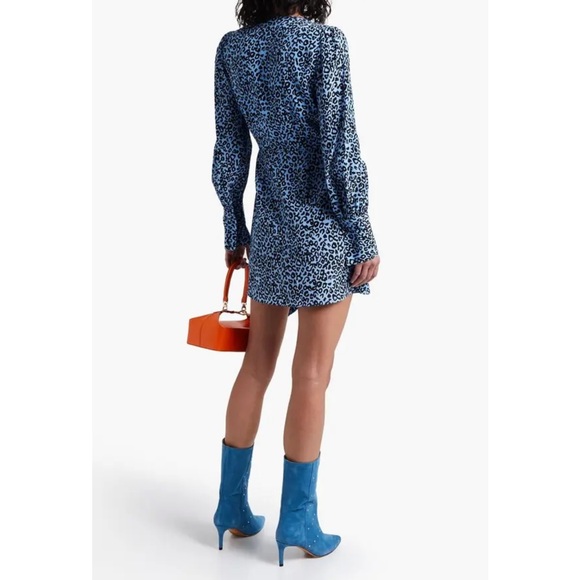 Les Reveries Silk Long Sleeve Mini Wrap Dress in Blue Leopard - Picture 7 of 14